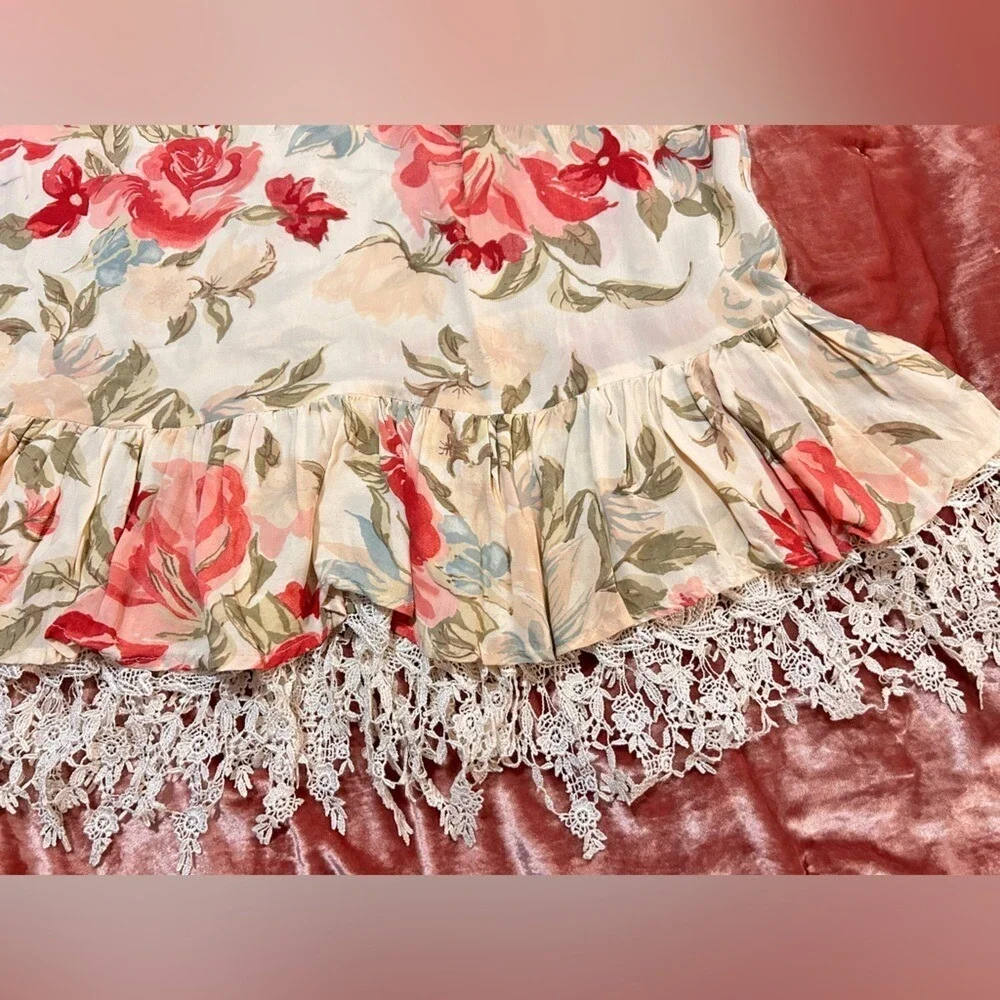 Vintage Angel Pie Floral Rose‎ Lace Trim Ruffle Maxi Skirt XLarge